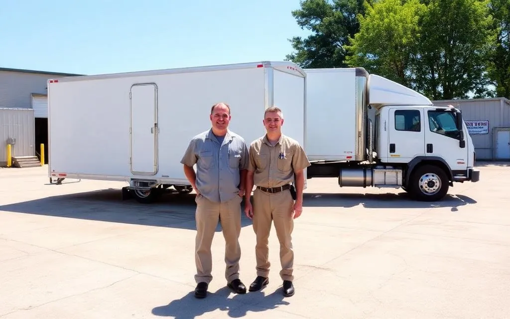 Two workers standing beside a restroom trailer and service truck in a yard