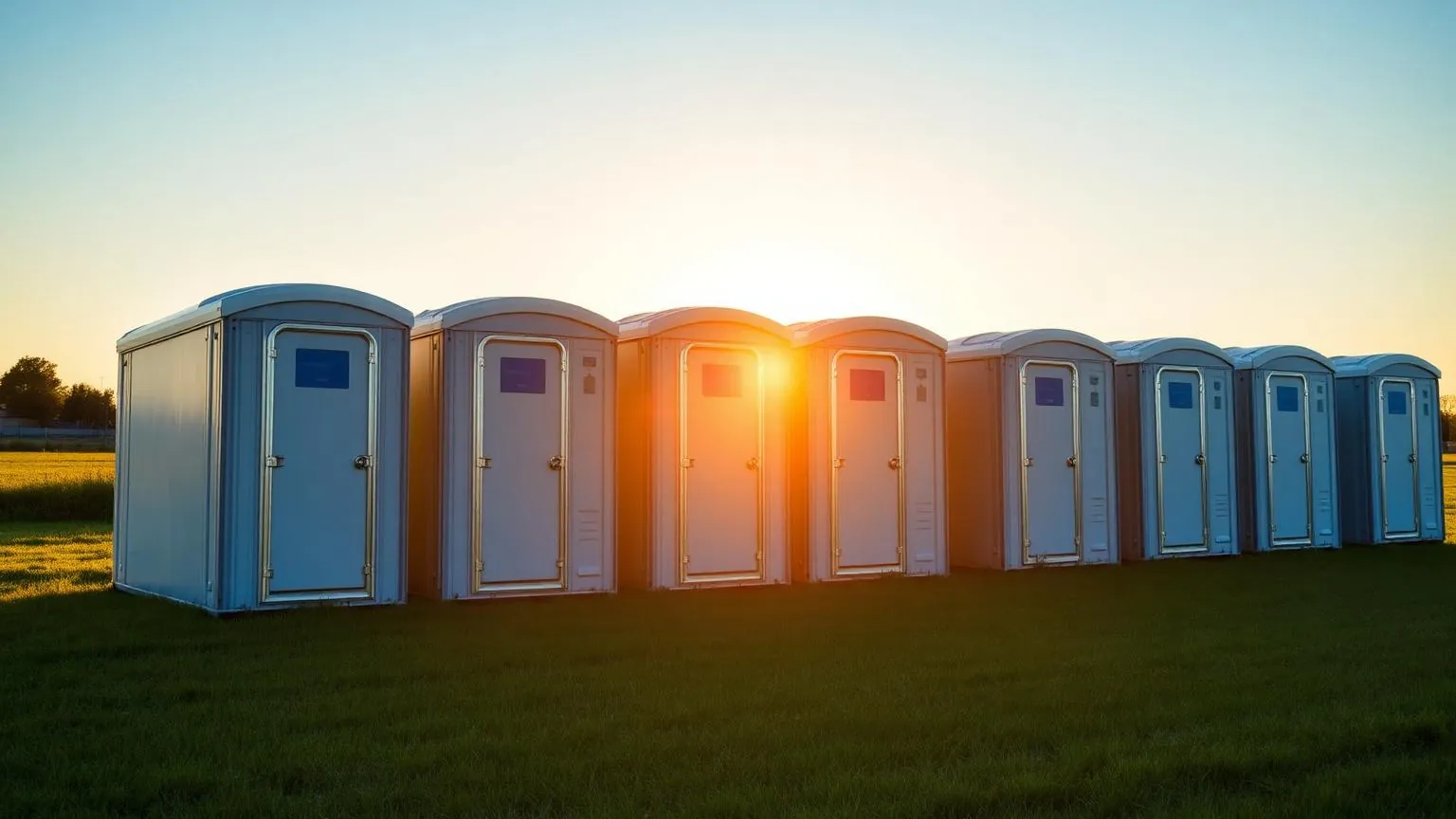 Row of clean portable toilet units set up on a grassy field at sunset