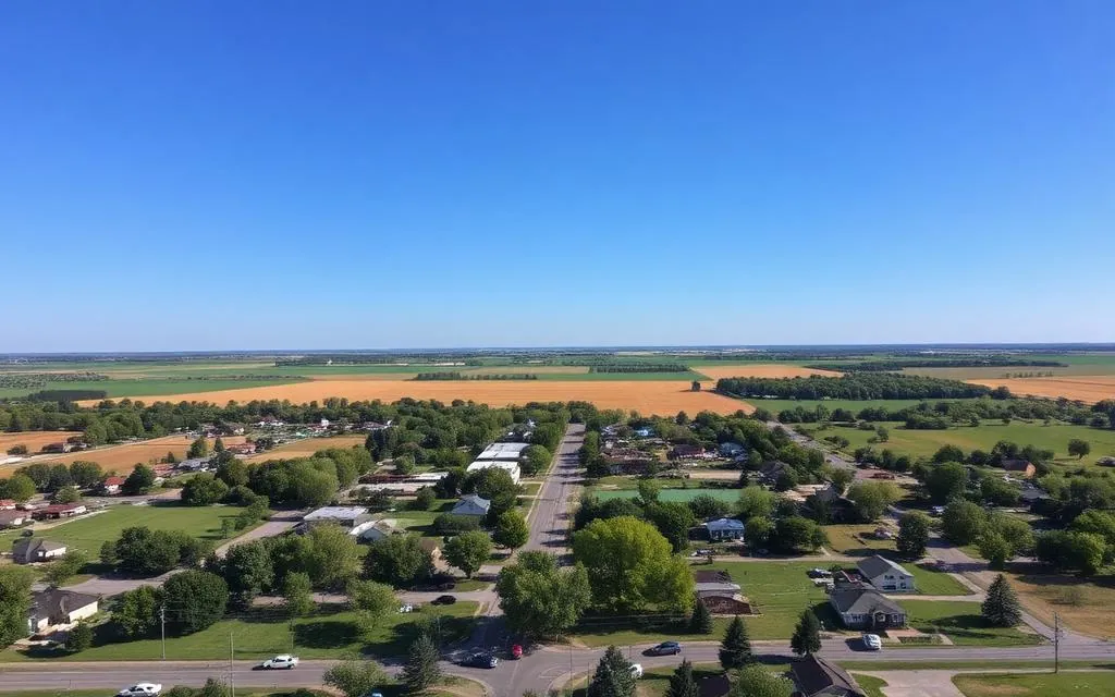 Aerial view of a small South Dakota town surrounded by farmland