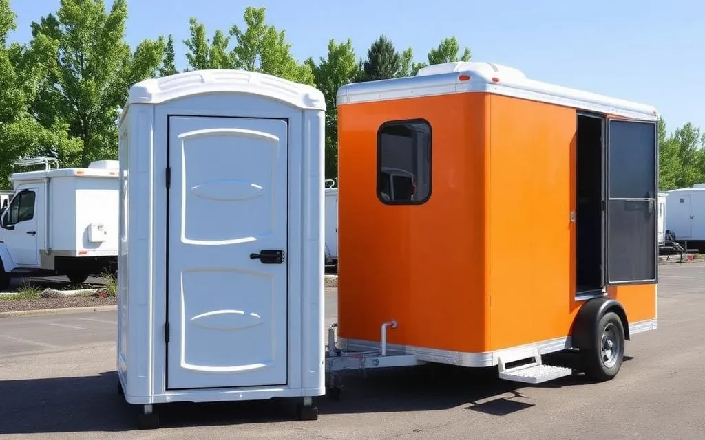 Photo illustrating standard vs. luxury portable toilets